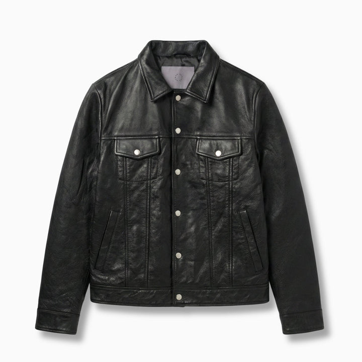 Black leather jacket on a light gray background