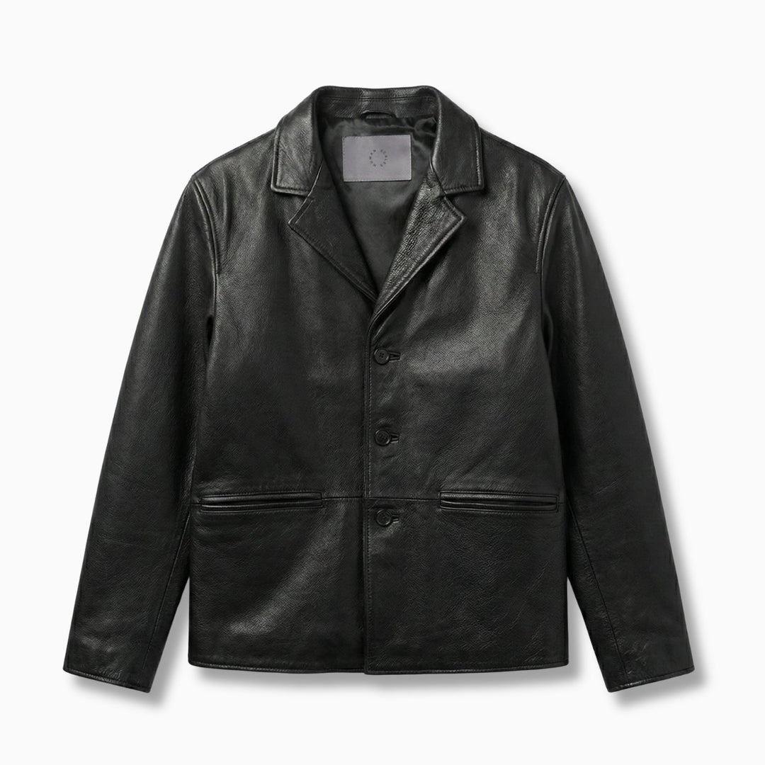 Black leather jacket on a light gray background