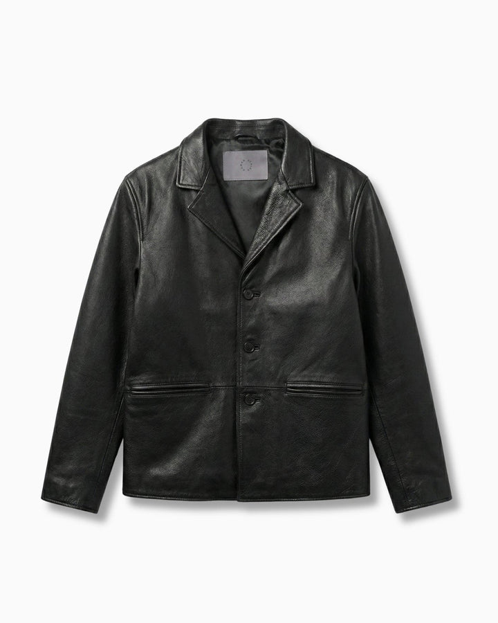 Black leather jacket on a light gray background
