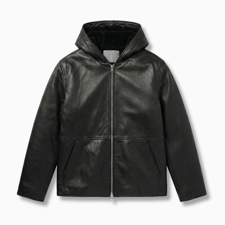 Black leather jacket with a hood on a white background