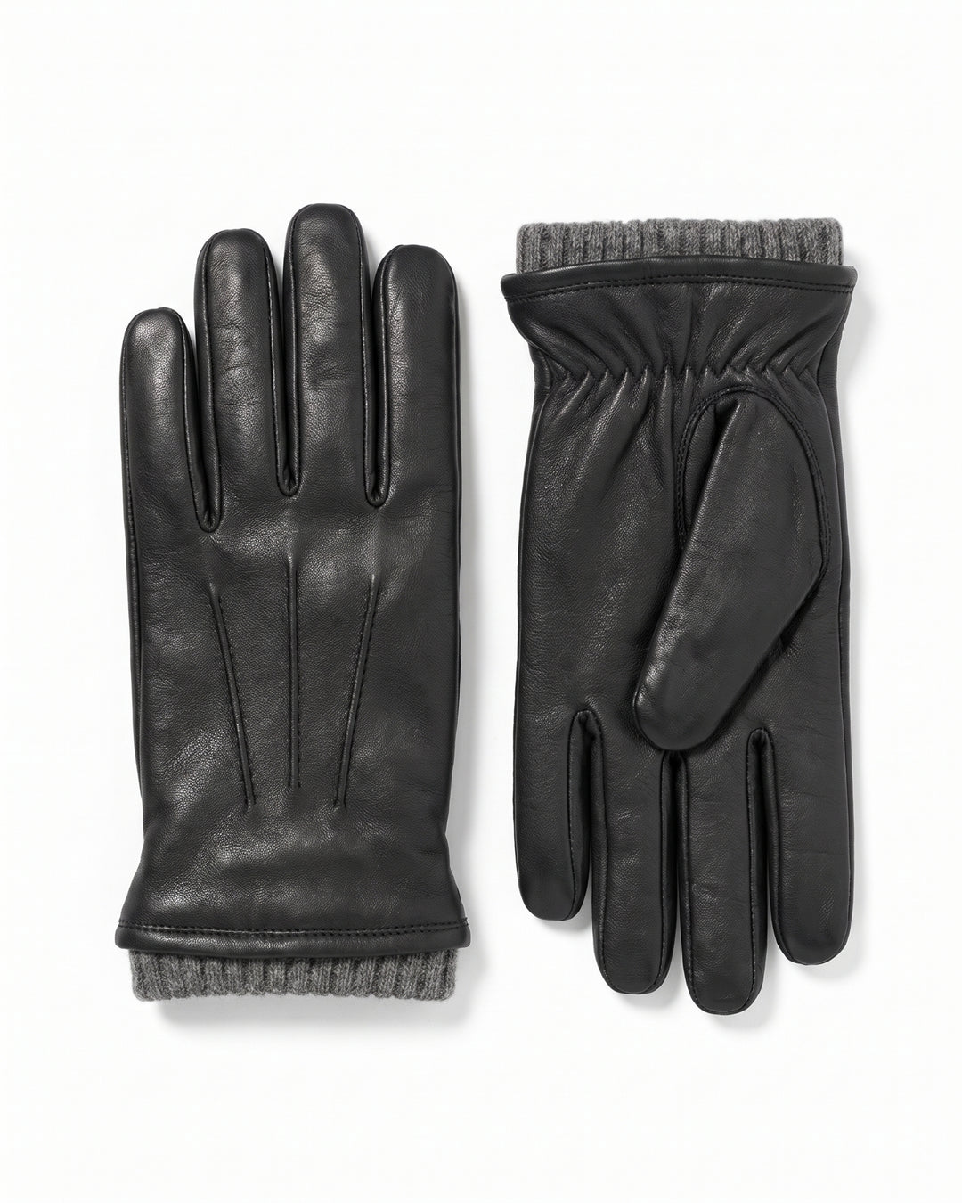 A pair of black leather gloves with gray ribbed knit cuffs, shown from both the back and front views on a plain white background.